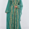 Sea Green Moroccan Kaftan Dress with Gold Embroidery & Matching Hijab (1)