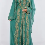 Sea Green Moroccan Kaftan Dress with Gold Embroidery & Matching Hijab (1)