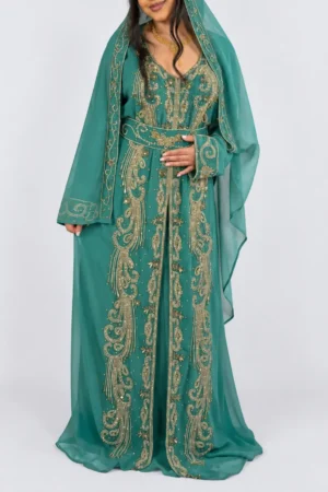 Sea Green Moroccan Kaftan Dress with Gold Embroidery & Matching Hijab (1)