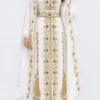 White gold Moroccan bridal kaftan dress with embroidered hooded veil and embellished belt (2)