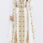 White gold Moroccan bridal kaftan dress with embroidered hooded veil and embellished belt (2)
