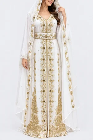 White gold Moroccan bridal kaftan dress with embroidered hooded veil and embellished belt (2)