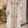 White gold bridal kaftan with embroidered veil embellished belt and long sleeves (1)