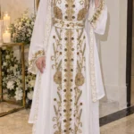 White gold bridal kaftan with embroidered veil embellished belt and long sleeves (1)