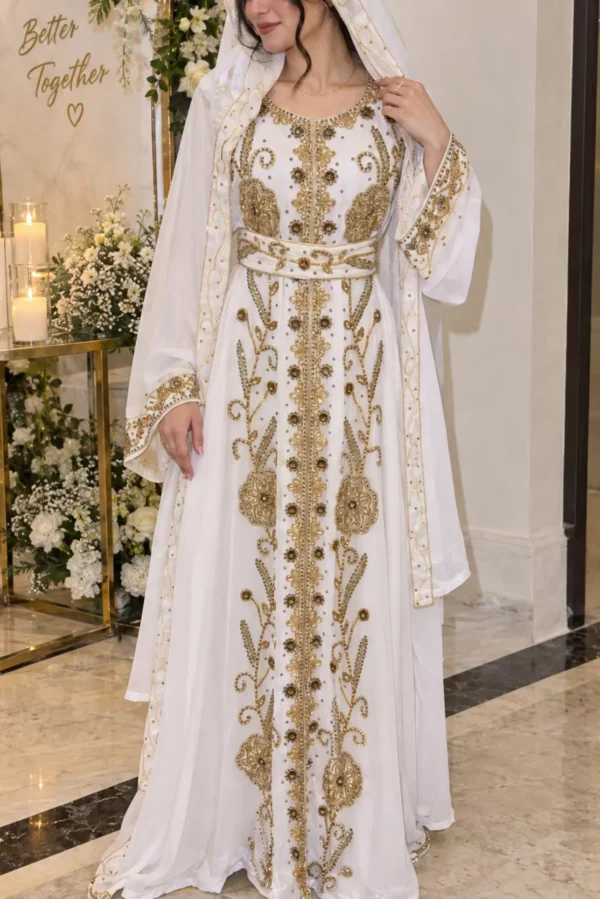 White gold bridal kaftan with embroidered veil embellished belt and long sleeves (1)