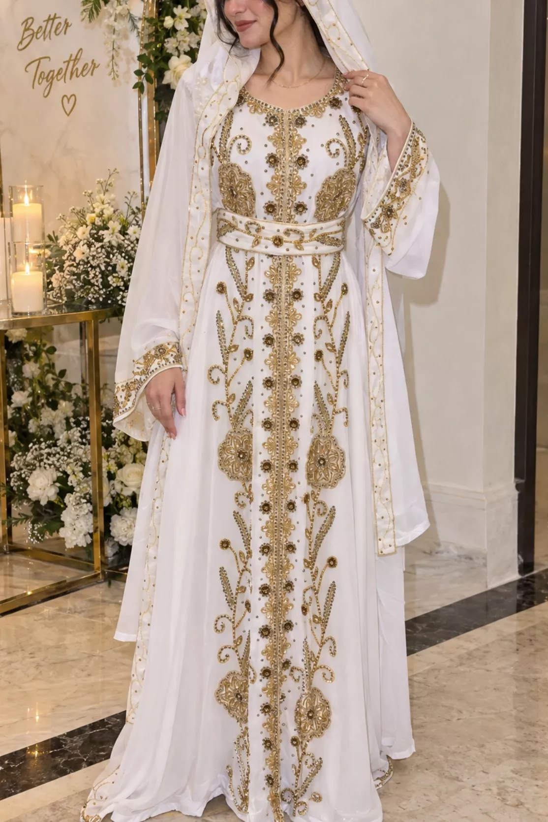 White gold bridal kaftan with embroidered veil embellished belt and long sleeves (1)