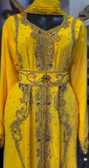 Luxurious Yellow Moroccan Wedding Kaftan with Intricate Embroidery
