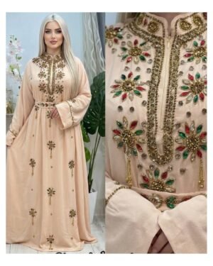 Beige Moroccan caftan with multicolor embroidery (1)