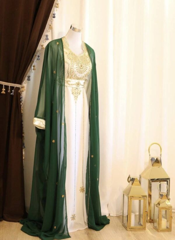 White and Green Gown with Zari Work