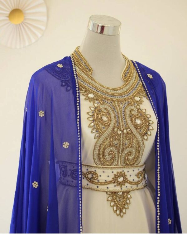 White and Blue Gown with Zari Work and Stone Embellishments