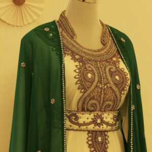 White and Green Gown with Zari Work and Stone Embellishments