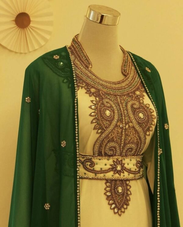 White and Green Gown with Zari Work and Stone Embellishments