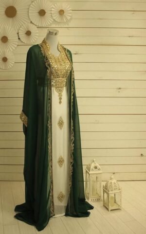 White and Green Gown with Zari Work and Stone Embellishments