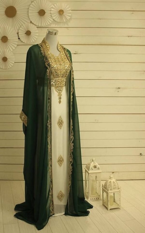 White and Green Gown with Zari Work and Stone Embellishments