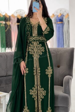 Emerald Green Moroccan Kaftan Dress with Gold Embroidery Luxury Handmade Designer Caftan for Wedding Henna Party Nikkah Eid Engagement and Evening Wear (1)