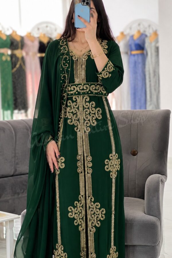 Emerald Green Moroccan Kaftan Dress with Gold Embroidery Luxury Handmade Designer Caftan for Wedding Henna Party Nikkah Eid Engagement and Evening Wear (1)