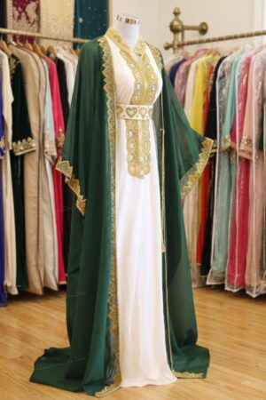 Emerald green Moroccan kaftan with white inner dress (1)