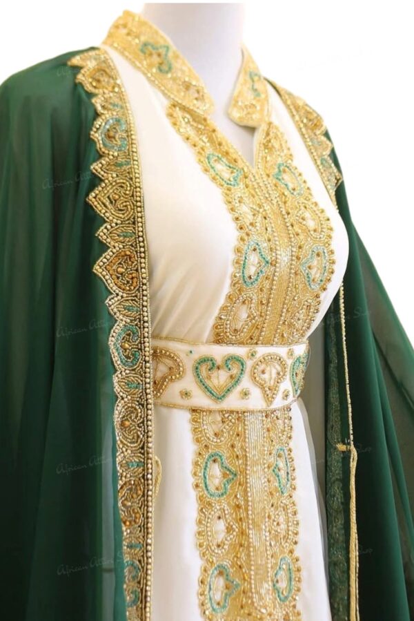 Emerald green Moroccan kaftan with white inner dress (2)