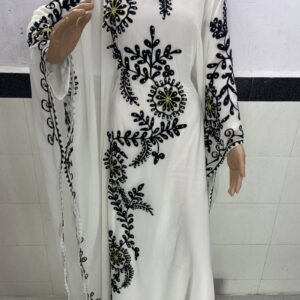 White Dubai Farasha Abaya Hand-Embroidered Moroccan Kaftan with Aari Work (1)