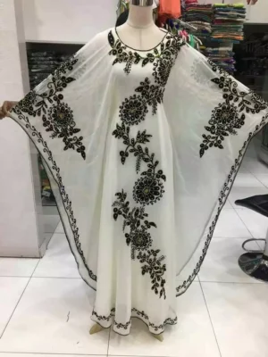 White Dubai Farasha Abaya Hand-Embroidered Moroccan Kaftan with Aari Work (1)