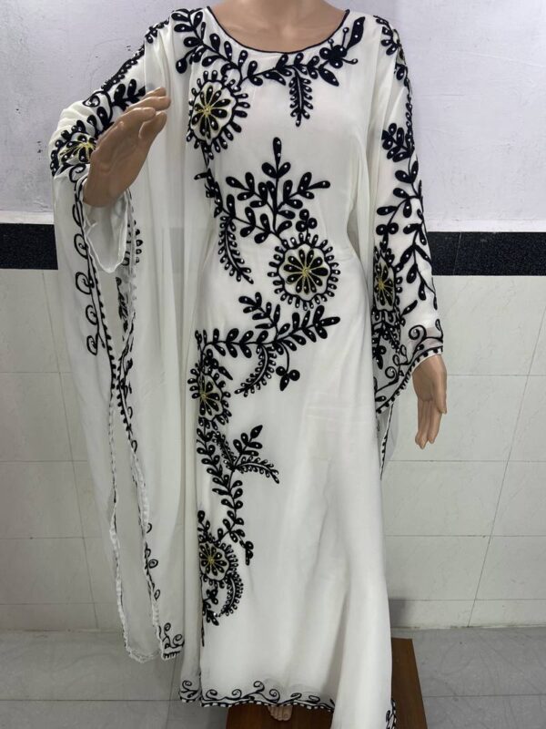 White Dubai Farasha Abaya Hand-Embroidered Moroccan Kaftan with Aari Work (1)