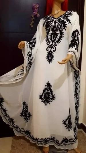 White Dubai Farasha Abaya Hand-Embroidered Moroccan Kaftan with Aari Work (2)
