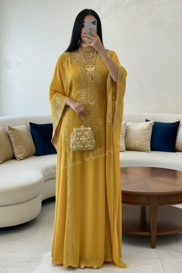 gold Omani gown kaftan with Aari embroidery Arabic luxury Dubai dress for women (1)