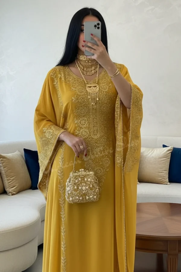 gold Omani gown kaftan with Aari embroidery Arabic luxury Dubai dress for women (2)