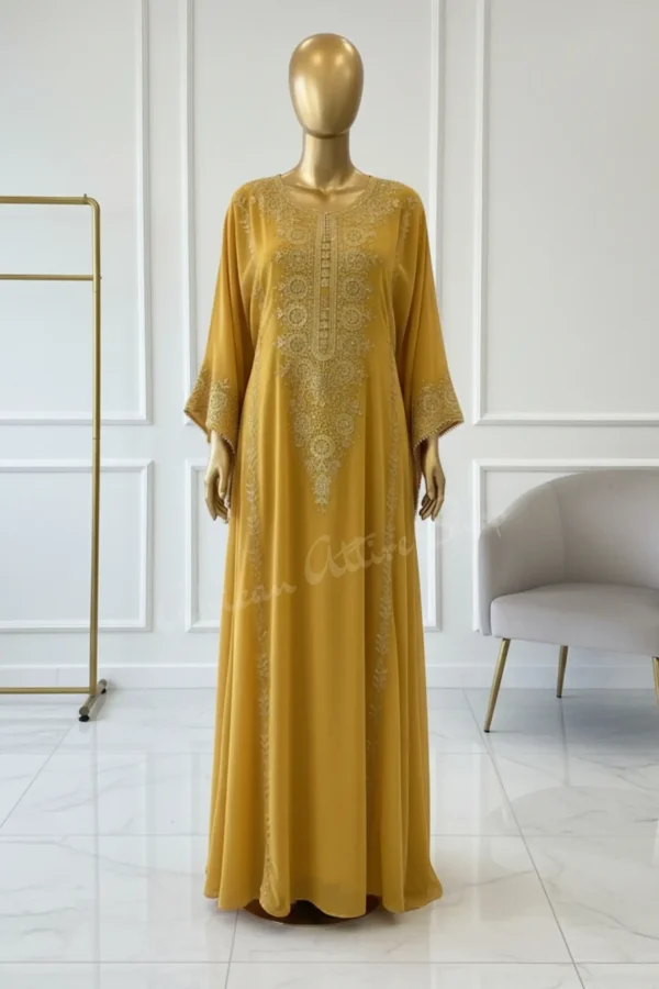 gold Omani gown kaftan with Aari embroidery Arabic luxury Dubai dress for women (3)
