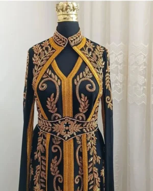 Black Moroccan Kaftan with Gold Embroidery for Weddings and Festive Celebrations (1)