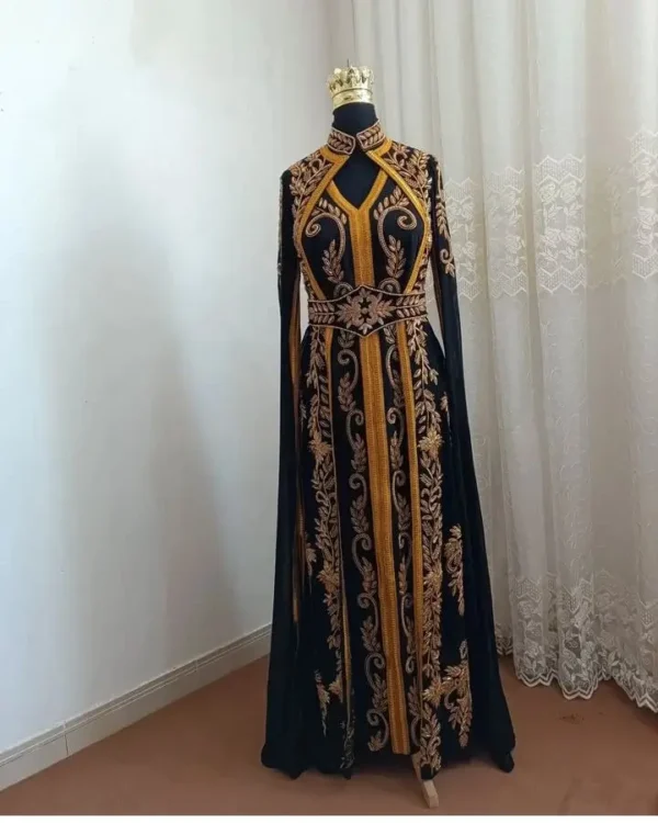 Black Moroccan Kaftan with Gold Embroidery for Weddings and Festive Celebrations (2)