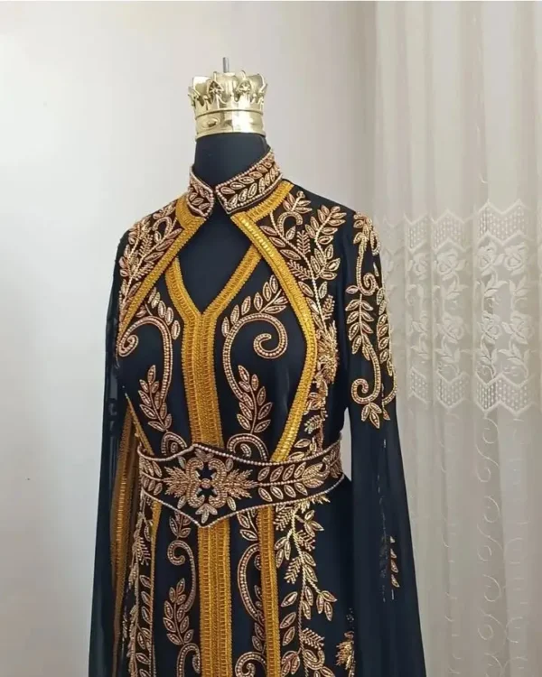 Black Moroccan Kaftan with Gold Embroidery for Weddings and Festive Celebrations (3)