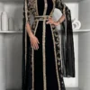 Black and Gold Embroidered Farasha Abaya Handmade Dubai Kaftan for Party, Wedding, and Special Occasions