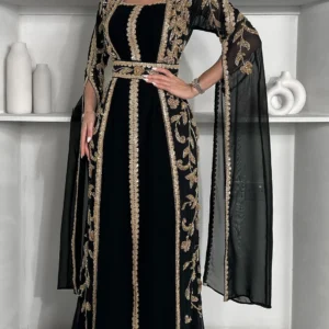 Black and Gold Embroidered Farasha Abaya Handmade Dubai Kaftan (6)