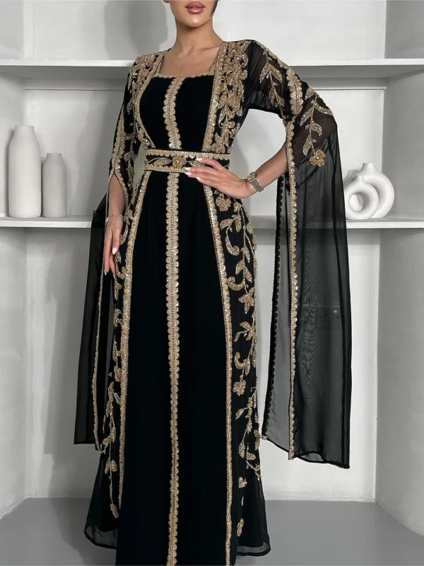 Black and Gold Embroidered Farasha Abaya Handmade Dubai Kaftan (6)