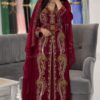 Burgundy Moroccan Kaftan Dress with Gold Embroidery Handmade Luxury Wedding Kaftan Traditional Moroccan Caftan with Matching Hijab and Embroidered Belt (1)