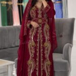 Burgundy Moroccan Kaftan Dress with Gold Embroidery Handmade Luxury Wedding Kaftan Traditional Moroccan Caftan with Matching Hijab and Embroidered Belt (1)