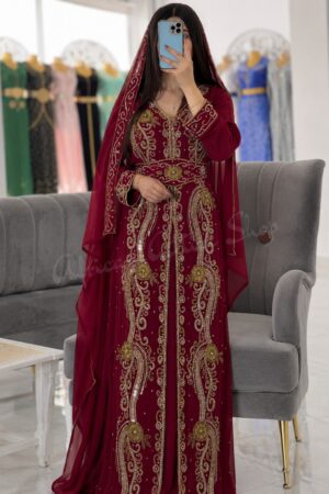 Burgundy Moroccan Kaftan Dress with Gold Embroidery Handmade Luxury Wedding Kaftan Traditional Moroccan Caftan with Matching Hijab and Embroidered Belt (1)