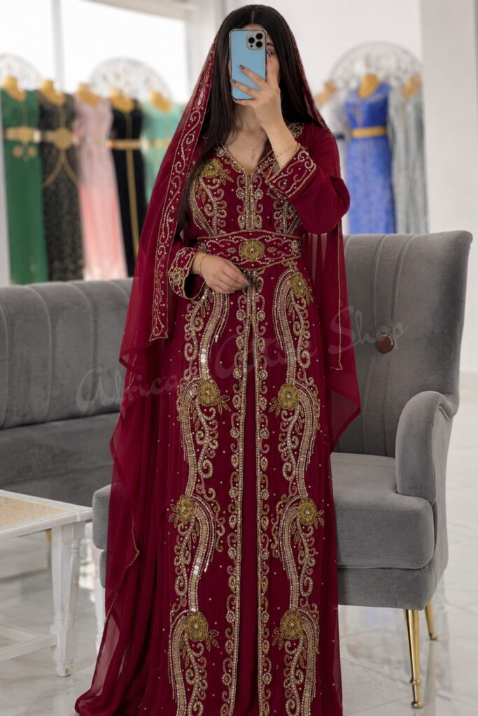 Burgundy Moroccan Kaftan Dress with Gold Embroidery Handmade Luxury Wedding Kaftan Traditional Moroccan Caftan with Matching Hijab and Embroidered Belt (1)