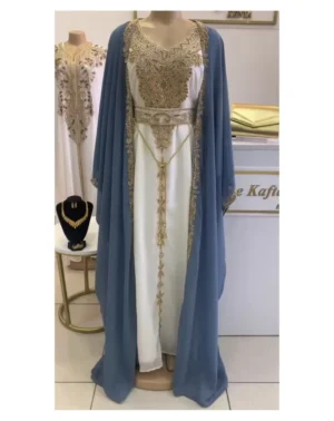 Elegant Blue Moroccan Embroidered Kaftan with White Inner Dress (1)