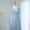 Elegant Blue Moroccan Kaftan Dress with Long Sleeves and Intricate Embroidery for Evening Wear