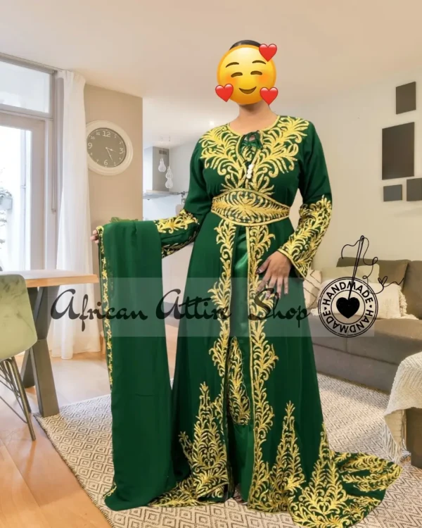 Emerald Green Moroccan Kaftan Dress with Gold Embroidery (1)