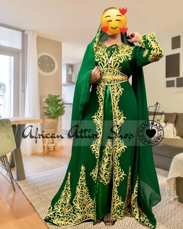 Emerald Green Moroccan Kaftan Dress with Gold Embroidery (2)