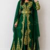 Emerald Green Moroccan Kaftan Dress with Gold Embroidery – Luxury Handmade Eid & Wedding Outfit | Aari Work Embroidery