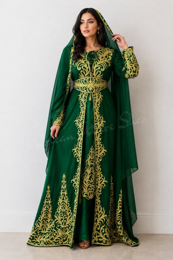 Emerald Green Moroccan Kaftan Dress with Gold Embroidery – Luxury Handmade Eid & Wedding Outfit | Aari Work Embroidery