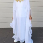 Kids’ kaftan dress in white and black with gold embroidery (2)