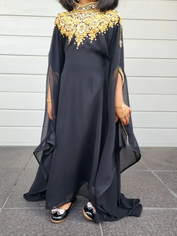 Kids’ kaftan dress in white and black with gold embroidery (3)