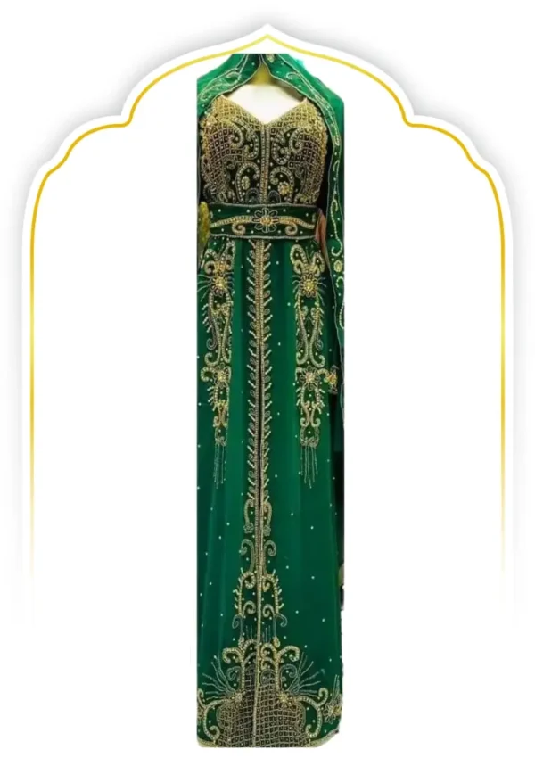 Moroccan Kaftan Gown Collection with Golden Embroidery in Green