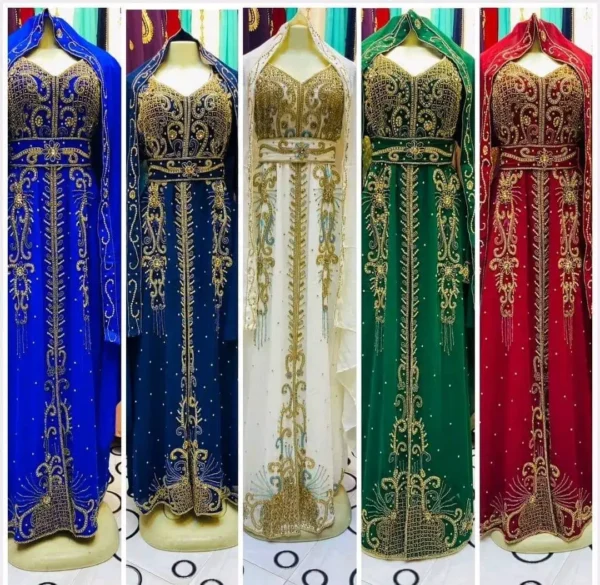 Moroccan Kaftan Gown Collection with Golden Embroidery in Multiple Colors