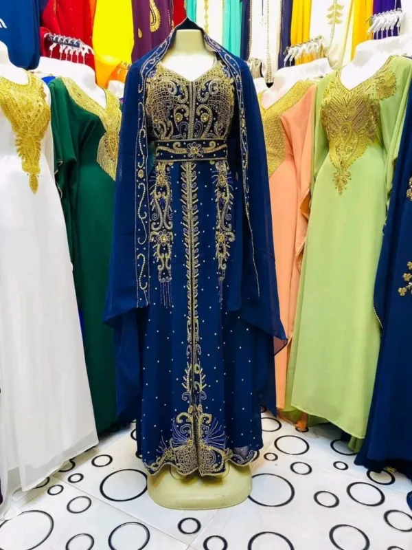 Moroccan Kaftan Gown Collection with Golden Embroidery in Navy Blue